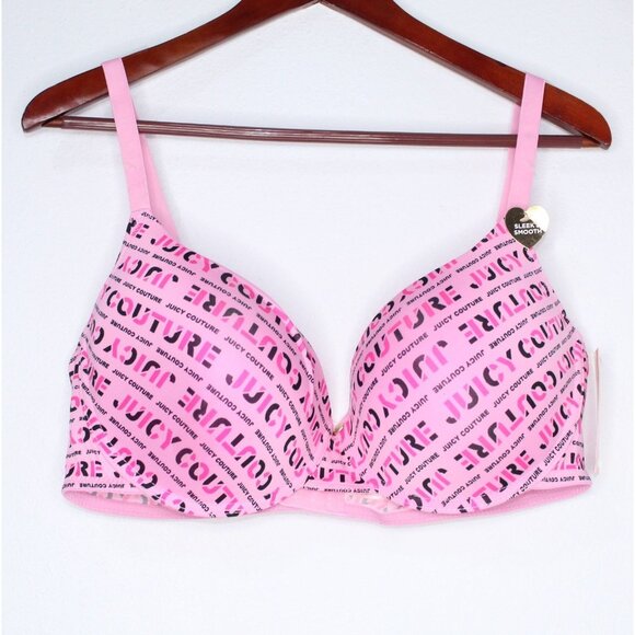 Juicy Couture Bra 42D Pink Black Log Up Lightly Padded Wired Medallion Logo NWT - Picture 1 of 15